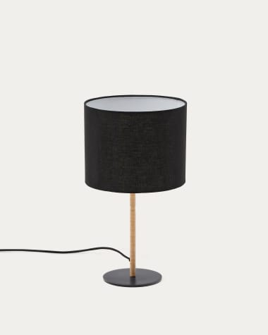 Pina metal and rattan table lamp with a black cotton lamp shade