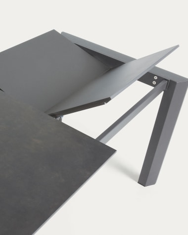 Axis extendable porcelain table with Volcano Rock finish and dark grey steel legs, 120 (180) cm