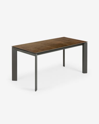 Axis extendable porcelain table with Iron Corten finish and dark grey steel legs, 160 (220) cm