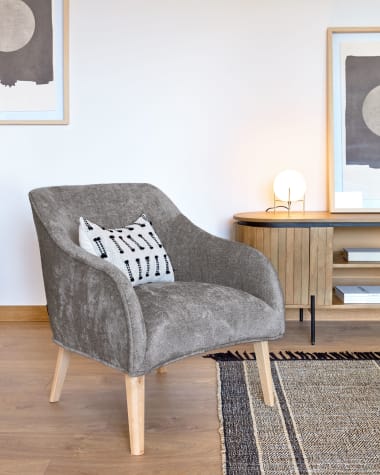 Bobly armchair in dark grey chenille and wooden legs with natural finish