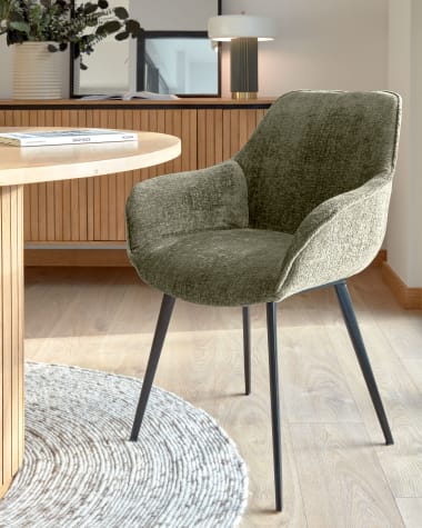 Amira chair in dark green chenille with steel legs with black finish