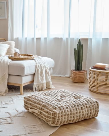 Jute and white natural cotton floor-pallet cushion Adelma 63 x 63 cm