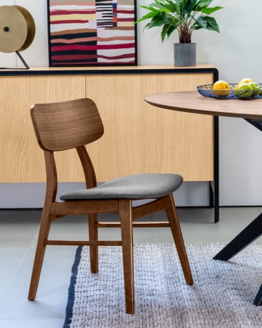 Selia chair in walnut veneer, solid rubber wood and dark grey upholstery