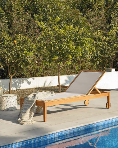 Caterin solid eucalyptus wood outdoor sun lounger in beige, FSC 100%