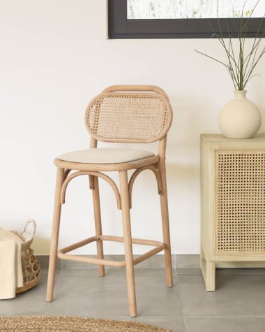 Doriane 65 cm height solid oak stool with natural finish and upholstered seat FSC Mix Credit