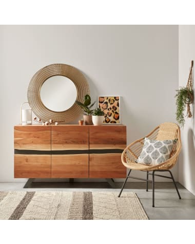 Uxia solid acacia wood sideboard with 3 doors and black finish steel, 148 x 85 cm