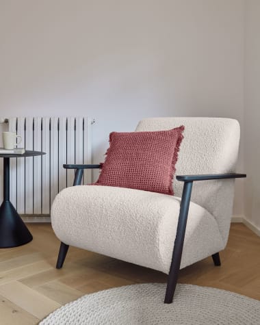 Meghan white bouclé armchair with solid ash legs with wenge finish