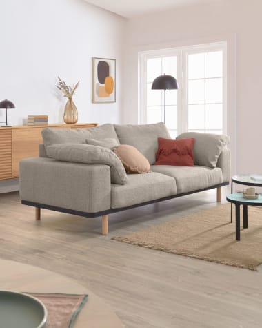 Noa 3 seater sofa in beige with natural finish legs, 230 cm