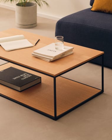 Yoana coffee table with oak wood veneer and painted black metal structure, 110 x 60 cm