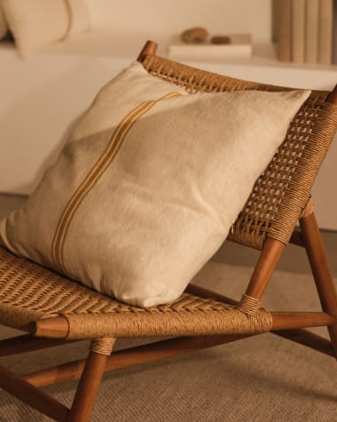 Vallcanera cushion cover in beige linen and cotton with mustard stripes, 60 x 60 cm