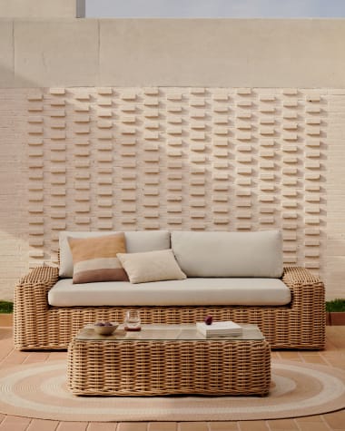 Portlligat 3 seater faux rattan outdoor sofa in a natural finish