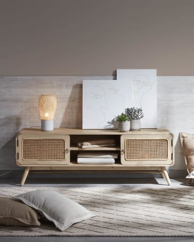 Nalu 2 door solid white cedarwood & rattan TV stand, 150 x 50 cm