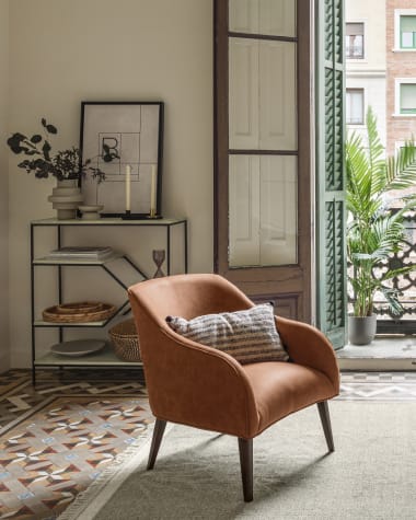 Bobly armchair in light brown fabric with wenge finish legs