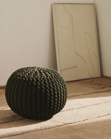 Chloe round pouffe, 100% dark green cotton, Ø 50 cm