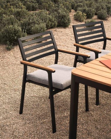 Bona stackable aluminium garden chair with a black finish and solid teak wood armrests