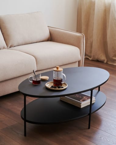 Fideia tempered glass and metal coffee table with a glossy black finish, Ø 110 x 65 cm