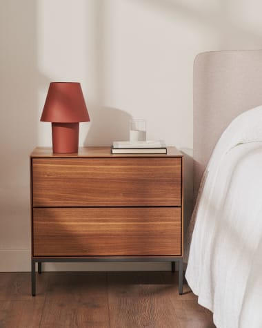 Vedrana bedside table, 2 walnut veneer drawers, and black steel legs, 60 x 55 cm