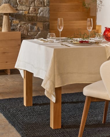 Marek white linen and cotton tablecloth with double-stitched gold embroidery 150x250cm