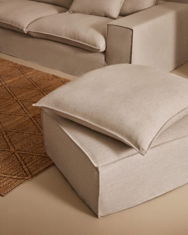 Anarela Fußablage mit abnehmbarem Bezug und Kissen aus Leinen Beige 80 x 80 cm