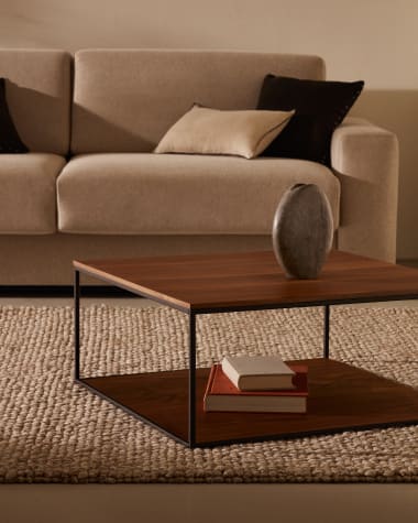 Yoana coffee table with walnut veneer and painted black metal structure, 80 x 80 cm