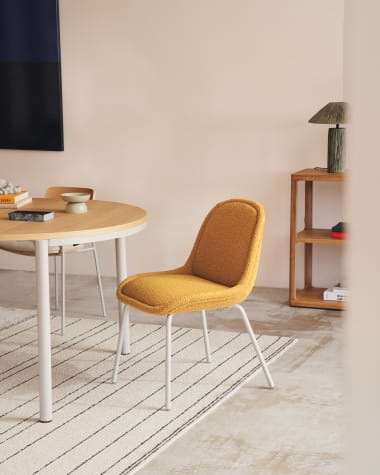 Aimin chair in mustard bouclé and steel legs with a matte beige painted finish FSC Mix Credit