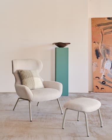 Belina chenille armchair in beige and steel with white finish