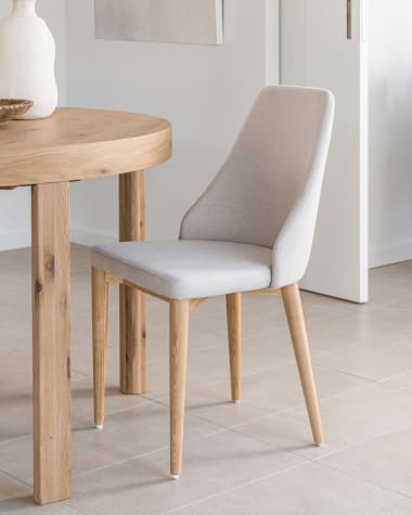 Rosie chair in beige chenille with solid ash wood legs in a natural finish