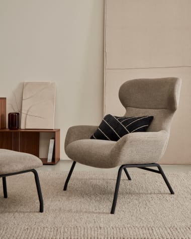 Belina chenille armchair in light brown and steel with black finish FSC 100%