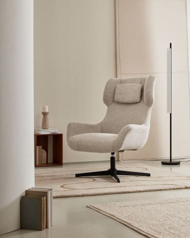 Zalina swivel armchair in beige chenille and steel with black finish FSC 100%