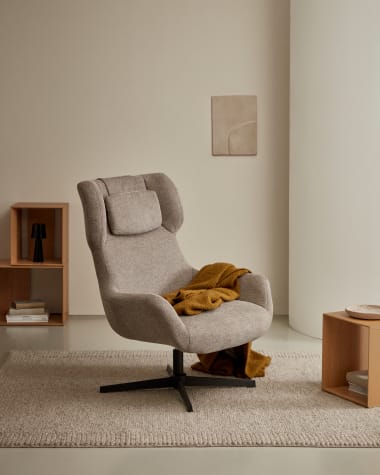 Zalina swivel armchair in light brown chenille and steel with black finish