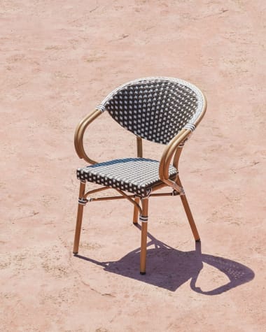 Marilyn stackable outdoor bistro chair w/ armrests in aluminium and synthetic rattan in brown & white