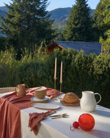 Montalt 100% linen tablecloth with terracotta fringes and black contrast stitching 150 x 250 cm