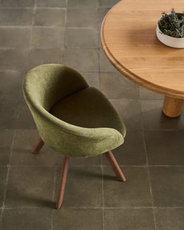 Marvin green chenille swivel chair with solid beech wood legs with a walnut finish FSC 100%