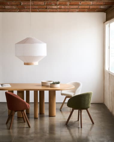 Hila ceiling lamp screen in white paper with natural wood veneer Ø 80 cm