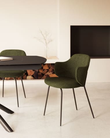 Yunia chair in green wide seam corduroy and steel legs in a painted black finish