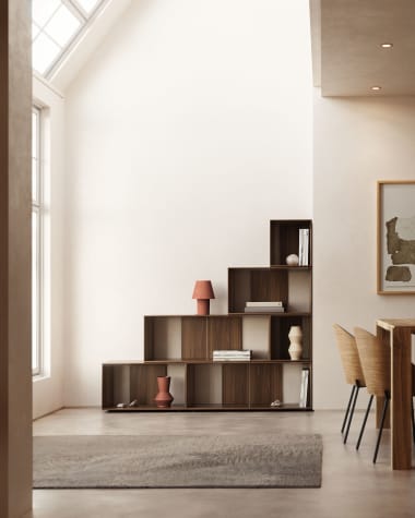 Litto set of 6 modular shelving units in walnut wood veneer, 101 x 152 cm