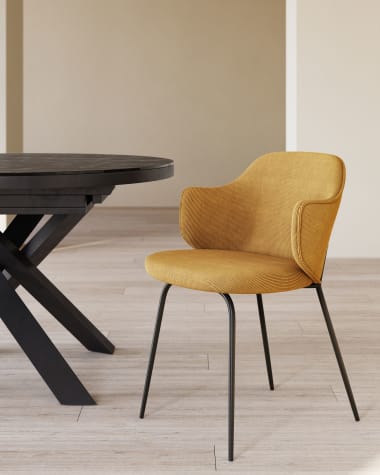 Yunia chair in mustard corduroy with steel legs in a painted black finish