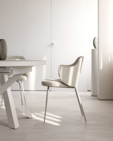 Yunia chair in beige wide seam corduroy with steel legs in a powder coated beige finish