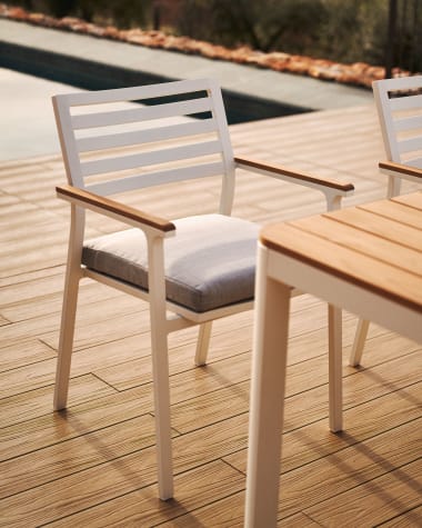 Bona aluminium stackable garden chair with a white finish and solid teak wood armrests