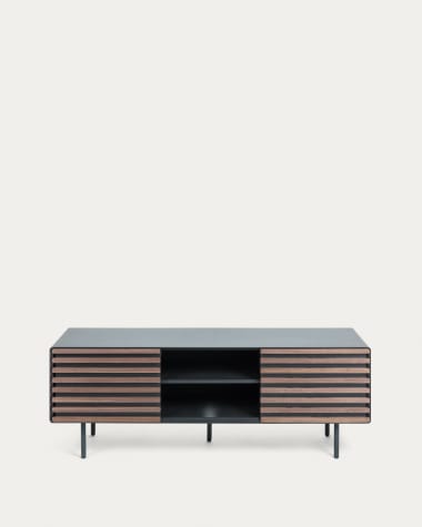 Kesia TV-Schrank 2 Türen Nussholzfurnier schwarze Lackierung Stahl in Schwarz 162 x 58 cm