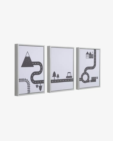 Lot de 3 tableaux Nisi en bois blanc avec voitures noires