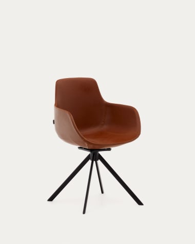 Silla giratoria autoretorno Tissiana piel sintética marrón acero negro mate