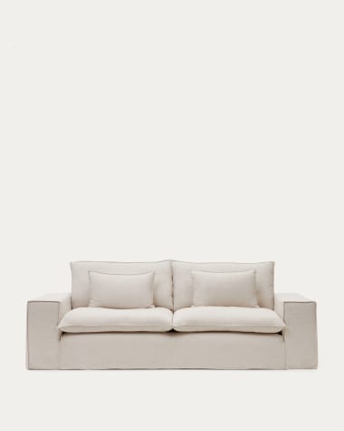 Divano sfoderabile Anarela 3 posti con cuscini di lino beige 280 cm