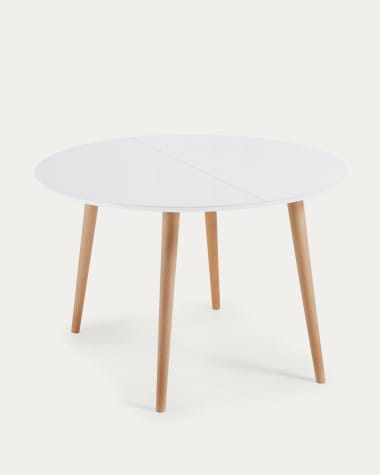 Tavolo rotondo allungabile Oqui MDF laccato bianco gambe massello di faggio 120(200)x120cm