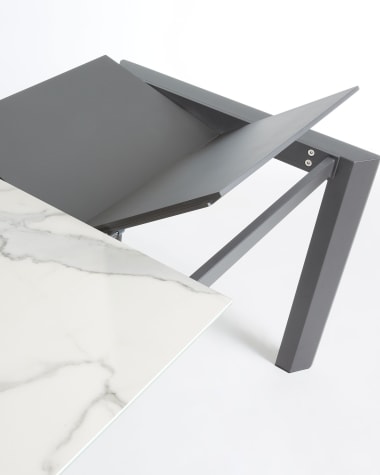 Axis extendable porcelain table with Kalos Blanco finish and dark grey steel legs, 140 (200) cm