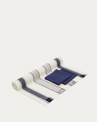 Set Sonima runner da tavolo e 2 tovaglioli 100% cotone a righe beige e blu