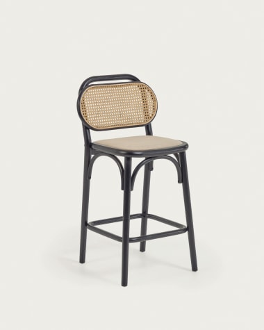Taburete Doriane madera maciza olmo acabado lacado negro asiento de tela 65cm