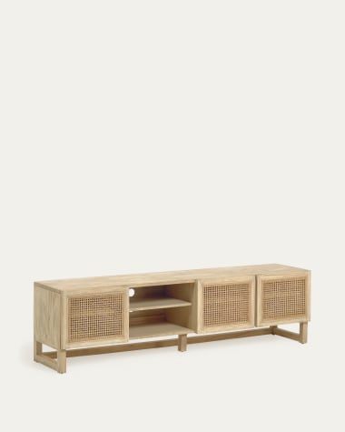 Rexit TV-Schrank 3 Türen aus massivem Mindiholz und Furnier mit Rattan 180 x 50 cm