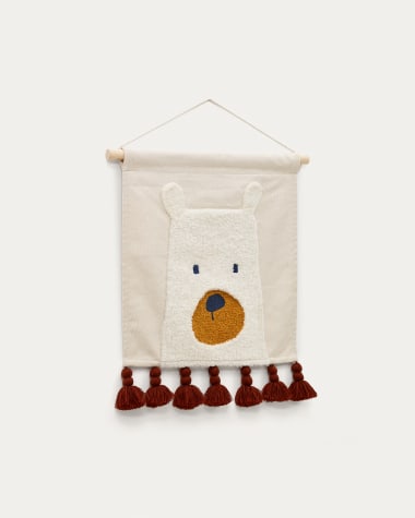 Tapisserie murale Zelda en coton blanc ours et pompons terre cuite 40 x 40 cm