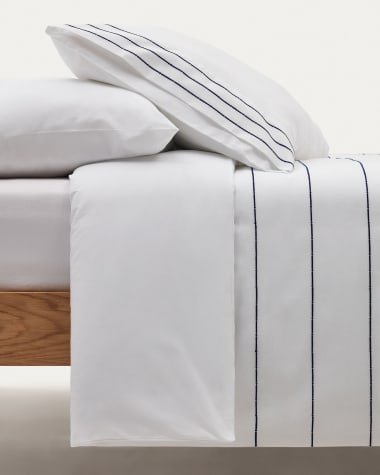 Set Cintia housse couette, taies oreiller percale de coton blanc rayures brodées 150x200cm